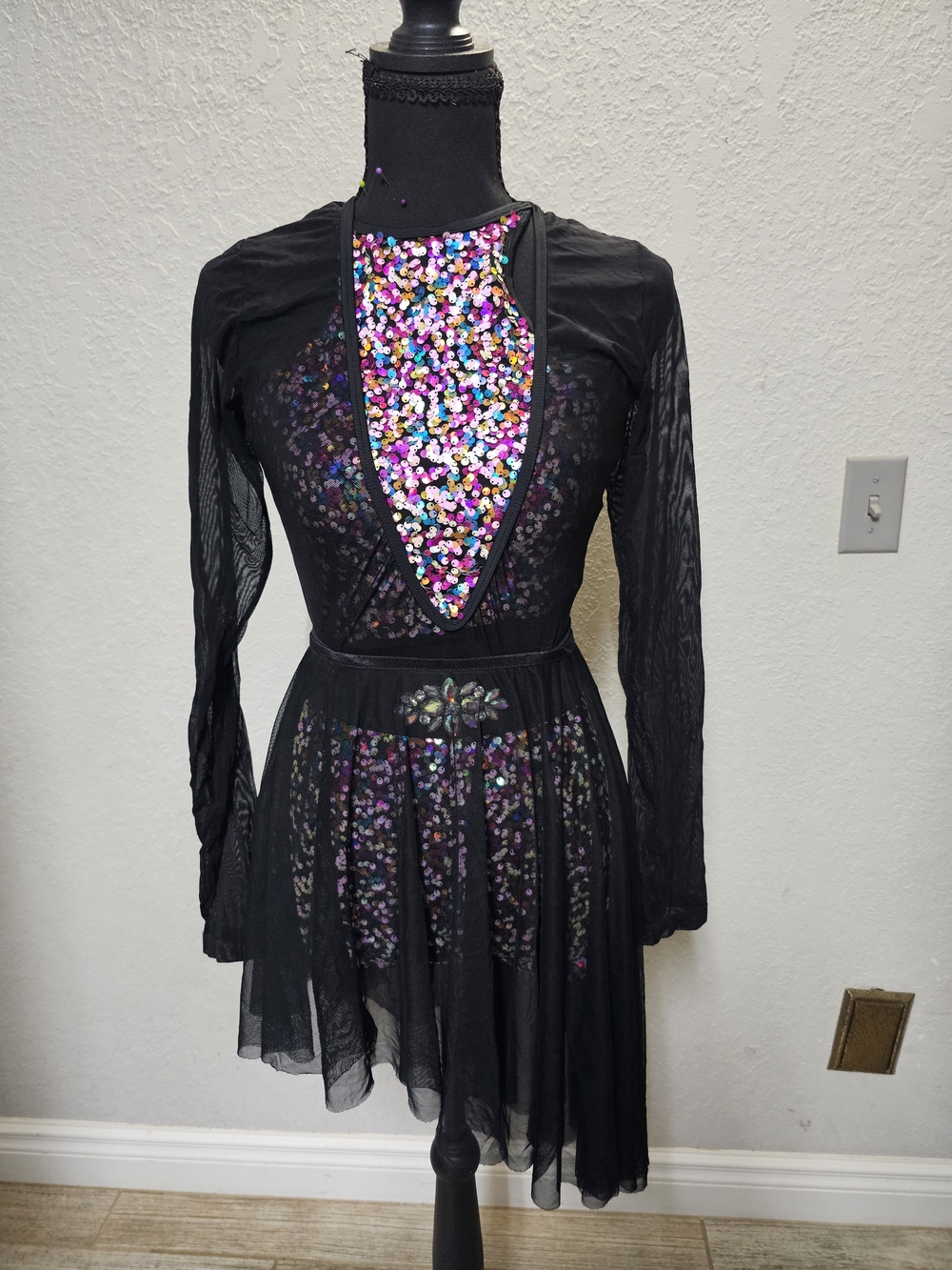 Revolution Black Mesh Long-Sleeve Dress with Multicolor Sequin Placket